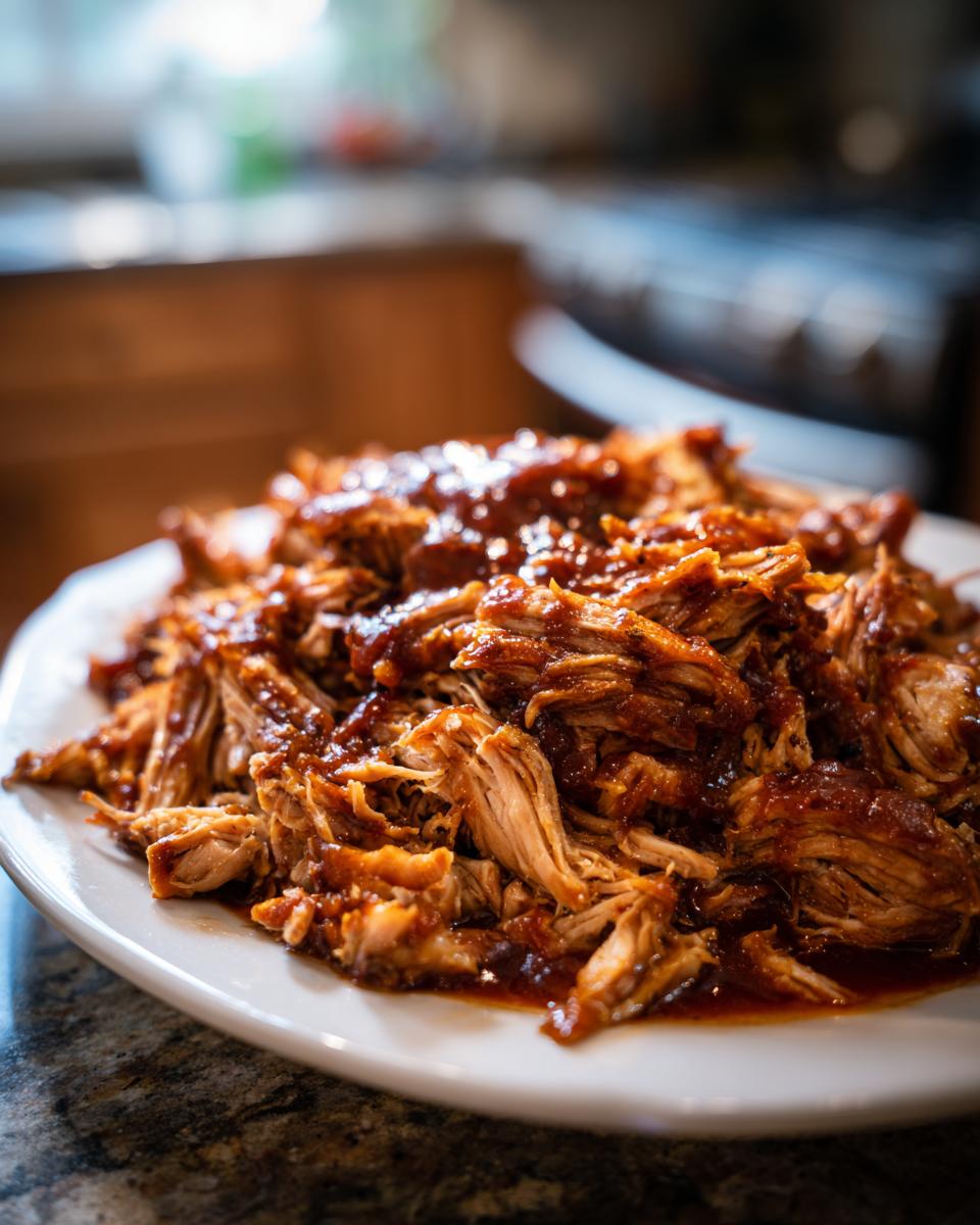 A close-up of tender, shredded Crockpot pulled pork coated in rich BBQ sauce, served on a white plate.