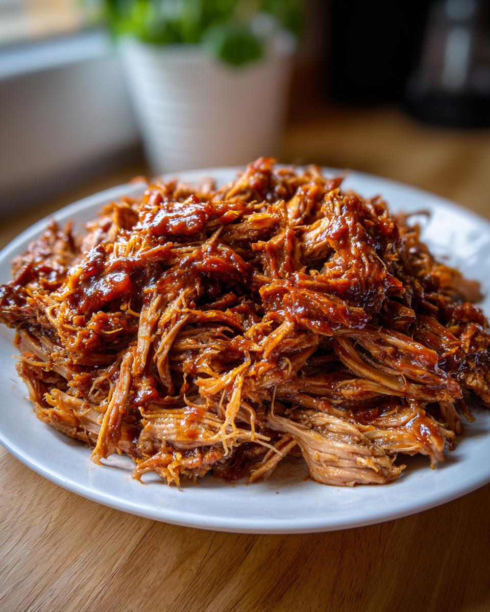 A close-up of a white plate piled high with tender, shredded Crockpot pulled pork coated in a rich barbecue sauce.