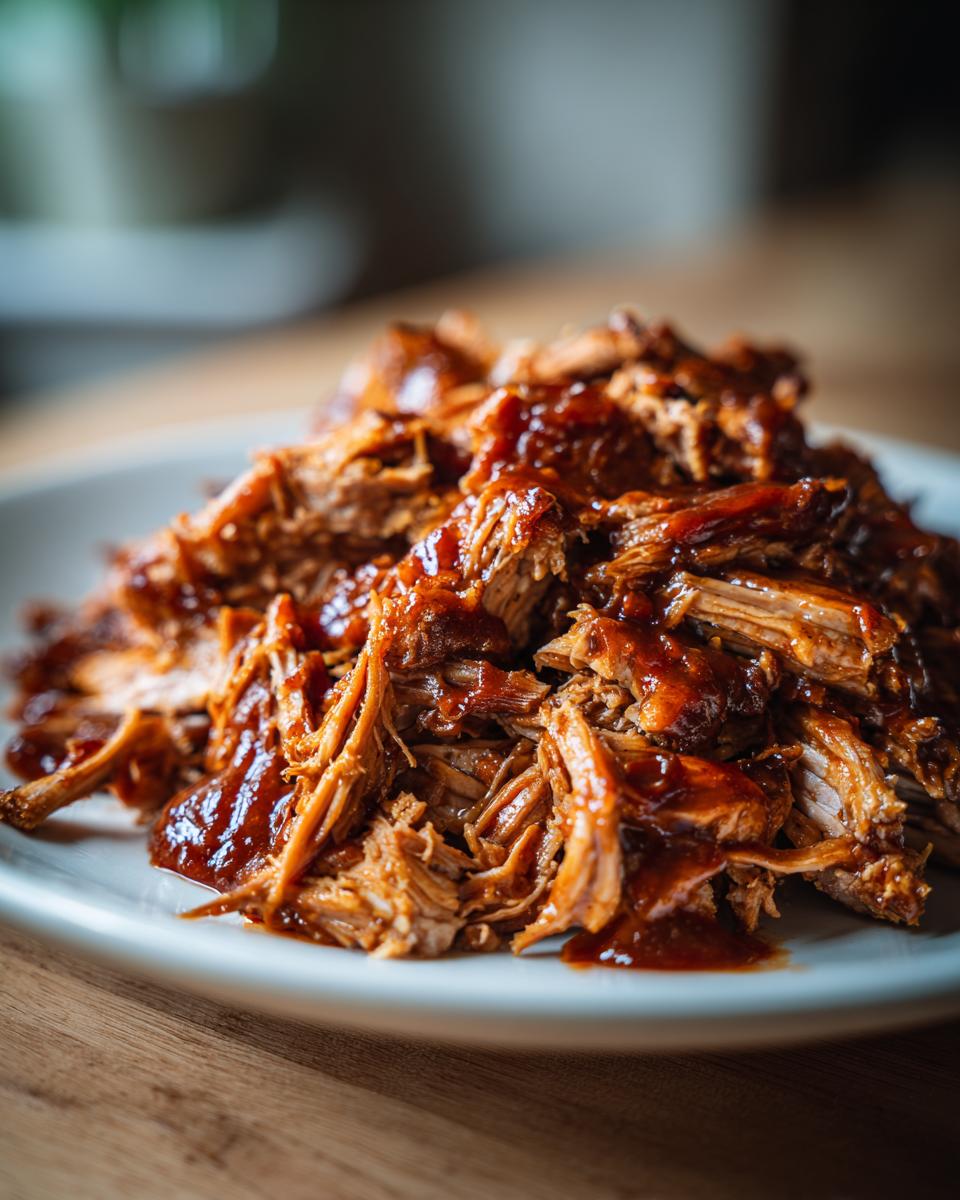 A close-up of a plate piled high with tender Crockpot pulled pork, generously coated in a rich BBQ sauce.