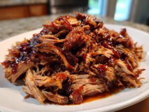 A close-up of tender, shredded Crockpot pulled pork generously coated in a rich BBQ sauce on a white plate.
