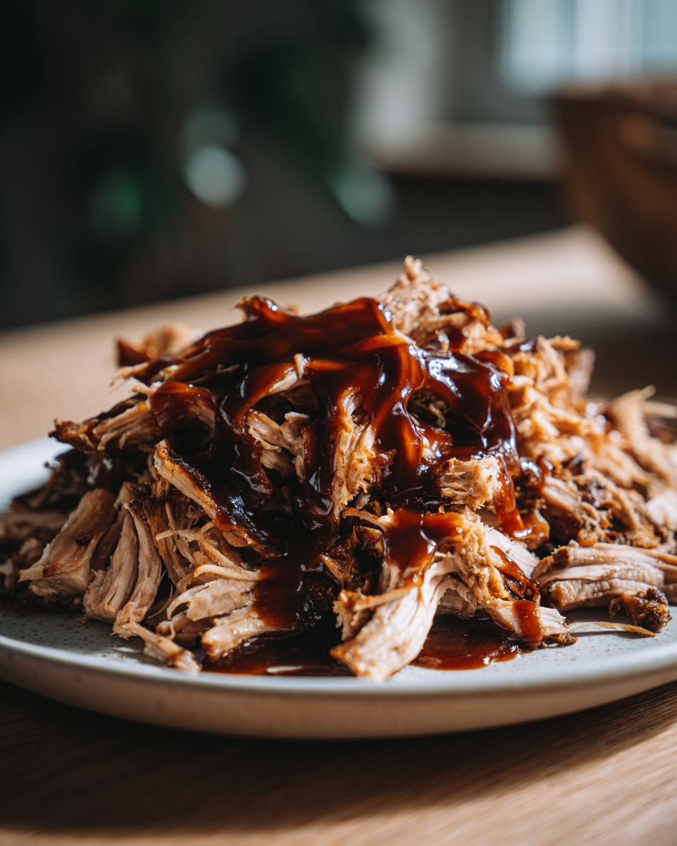 A close-up of a pile of tender Crockpot pulled pork generously drizzled with dark BBQ sauce.
