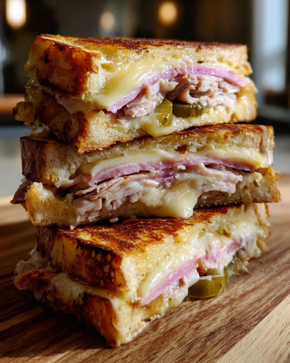 Close-up of a stacked Cuban sandwich with melted cheese, ham, and pickles on a wooden board.