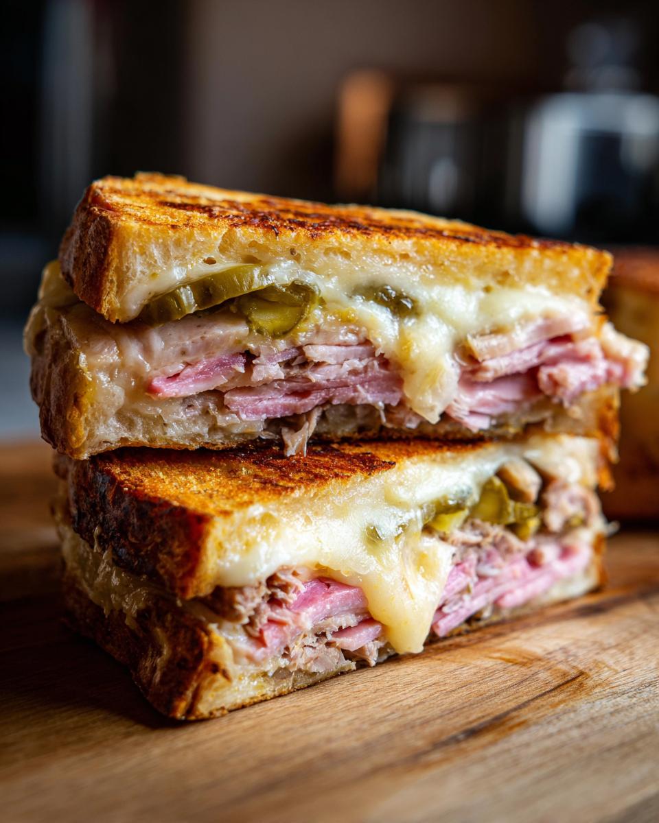 Close-up of a stacked Cuban sandwich with melted cheese oozing out, showing layers of pork, ham, and pickles.
