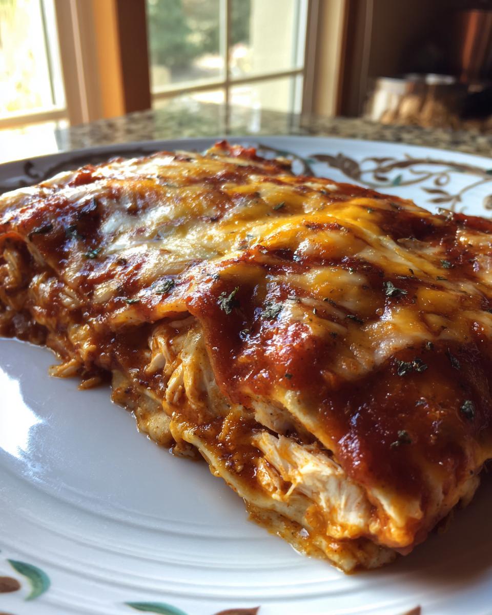 A close-up of a serving of chicken enchiladas, layered with shredded chicken, tortillas, and topped with red sauce and melted cheese.