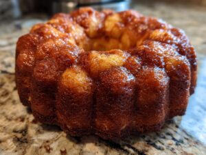 A close-up of a freshly baked, golden brown monkey bread in a bundt pan, glistening with caramel.