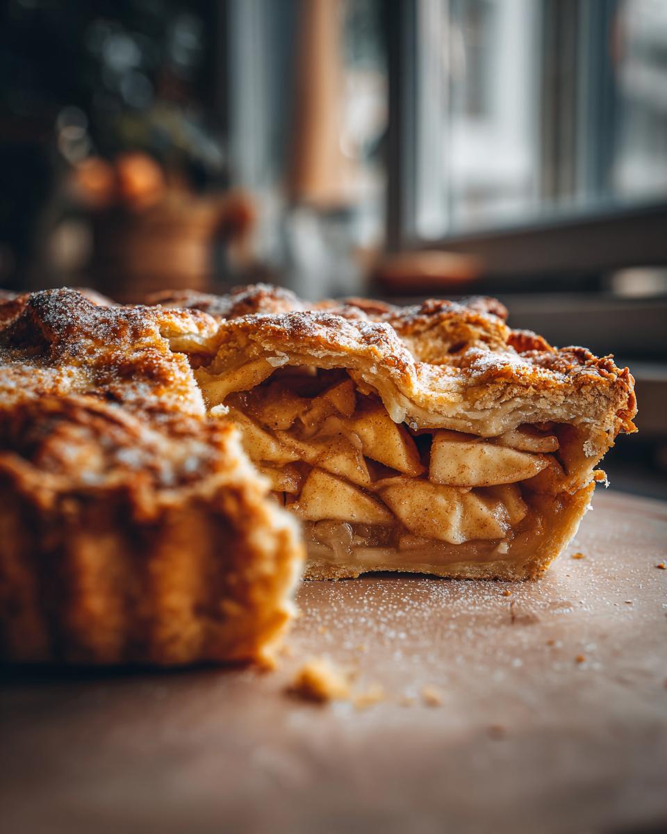 Close-up of a slice of delicious apple pie with a perfectly flaky crust, revealing tender apple filling.