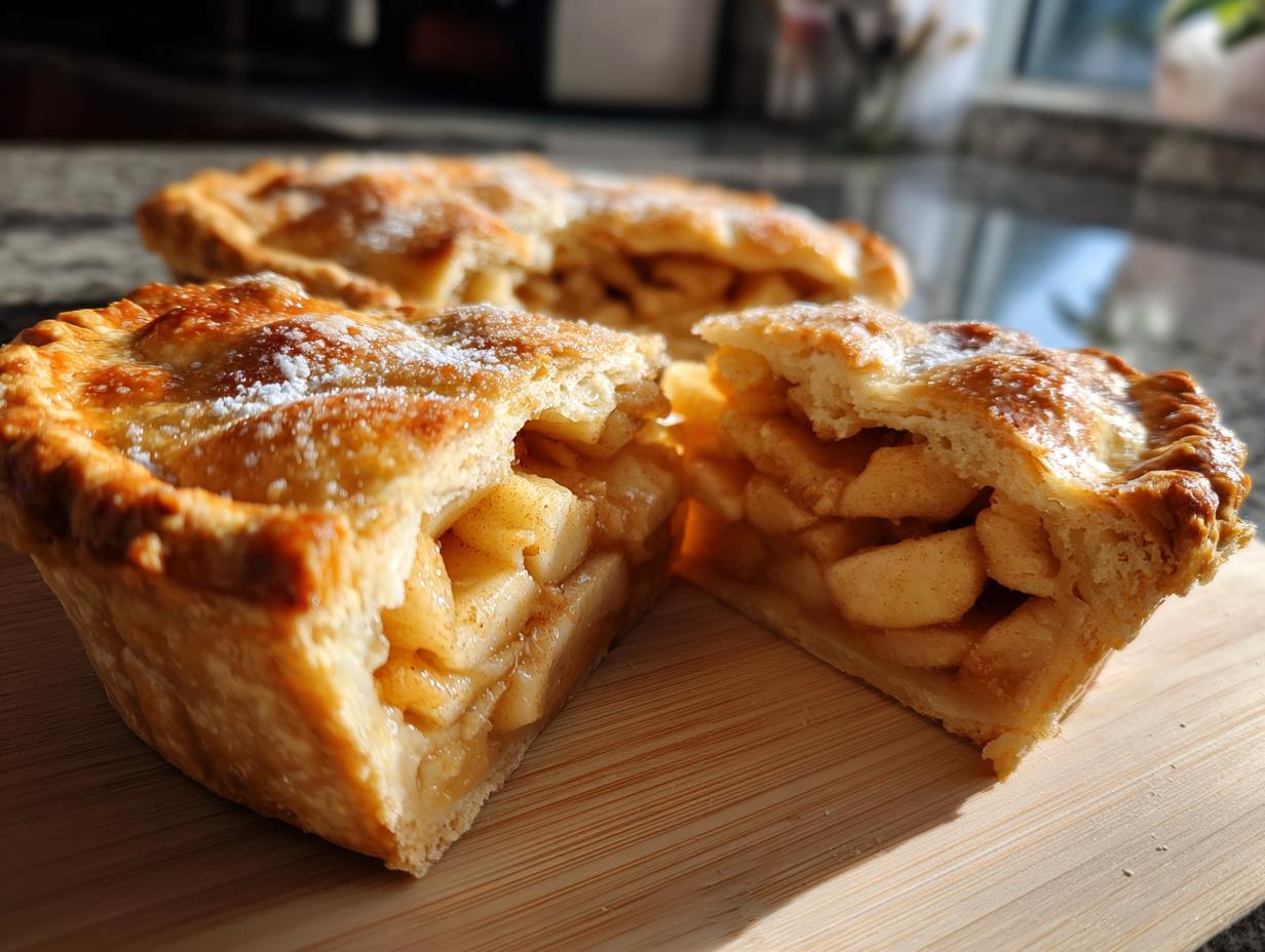 Close-up of two flaky crust apple pie slices, revealing a generous filling of spiced apples.