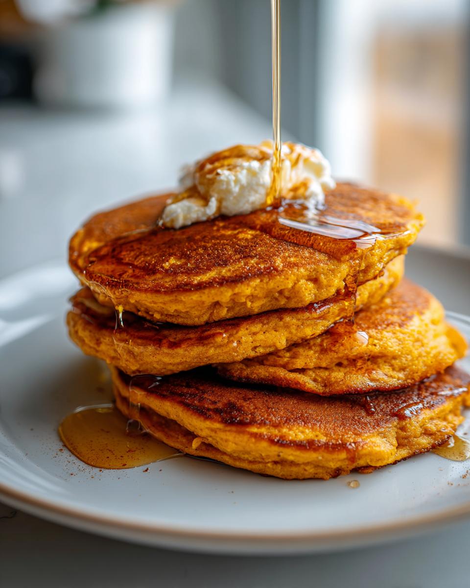 A stack of fluffy pumpkin pancakes being drizzled with maple syrup and topped with whipped cream.