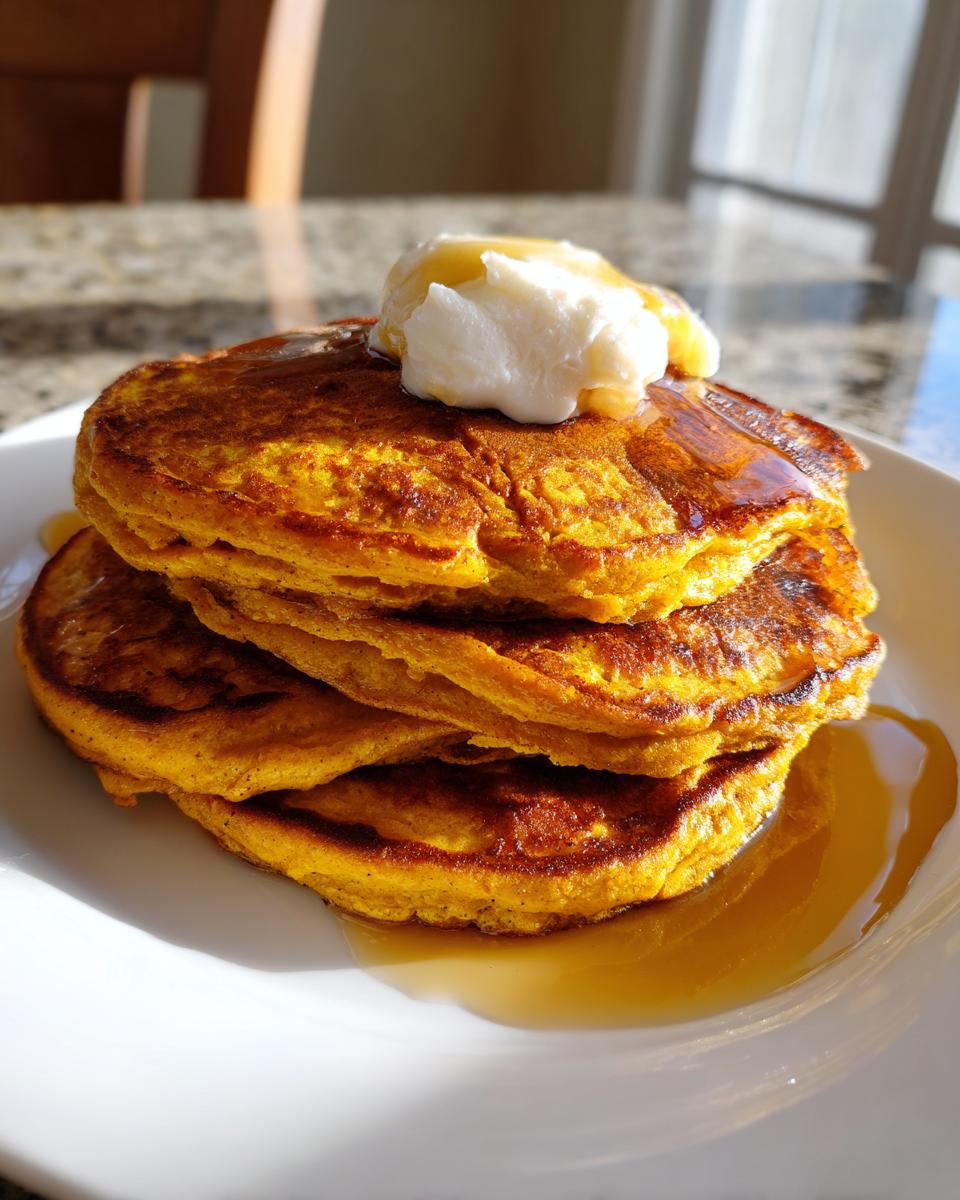 A stack of fluffy pumpkin pancakes topped with whipped cream and drizzled with maple syrup.