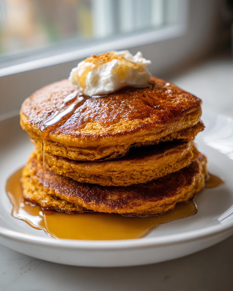 A stack of fluffy pumpkin pancakes drizzled with maple syrup and topped with whipped cream and cinnamon.
