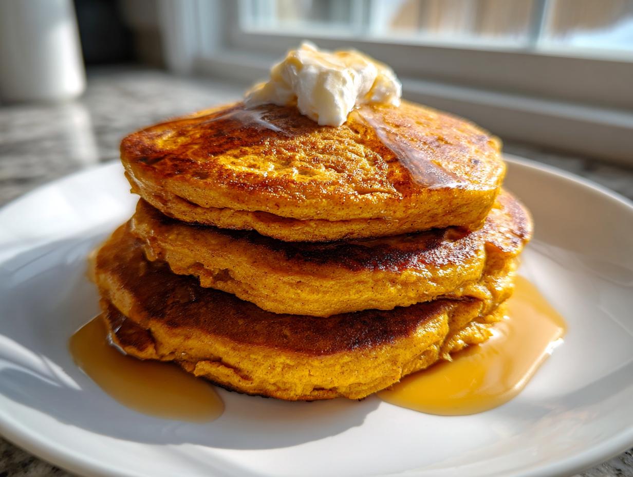A stack of three fluffy pumpkin pancakes, drizzled with maple syrup and topped with whipped cream.