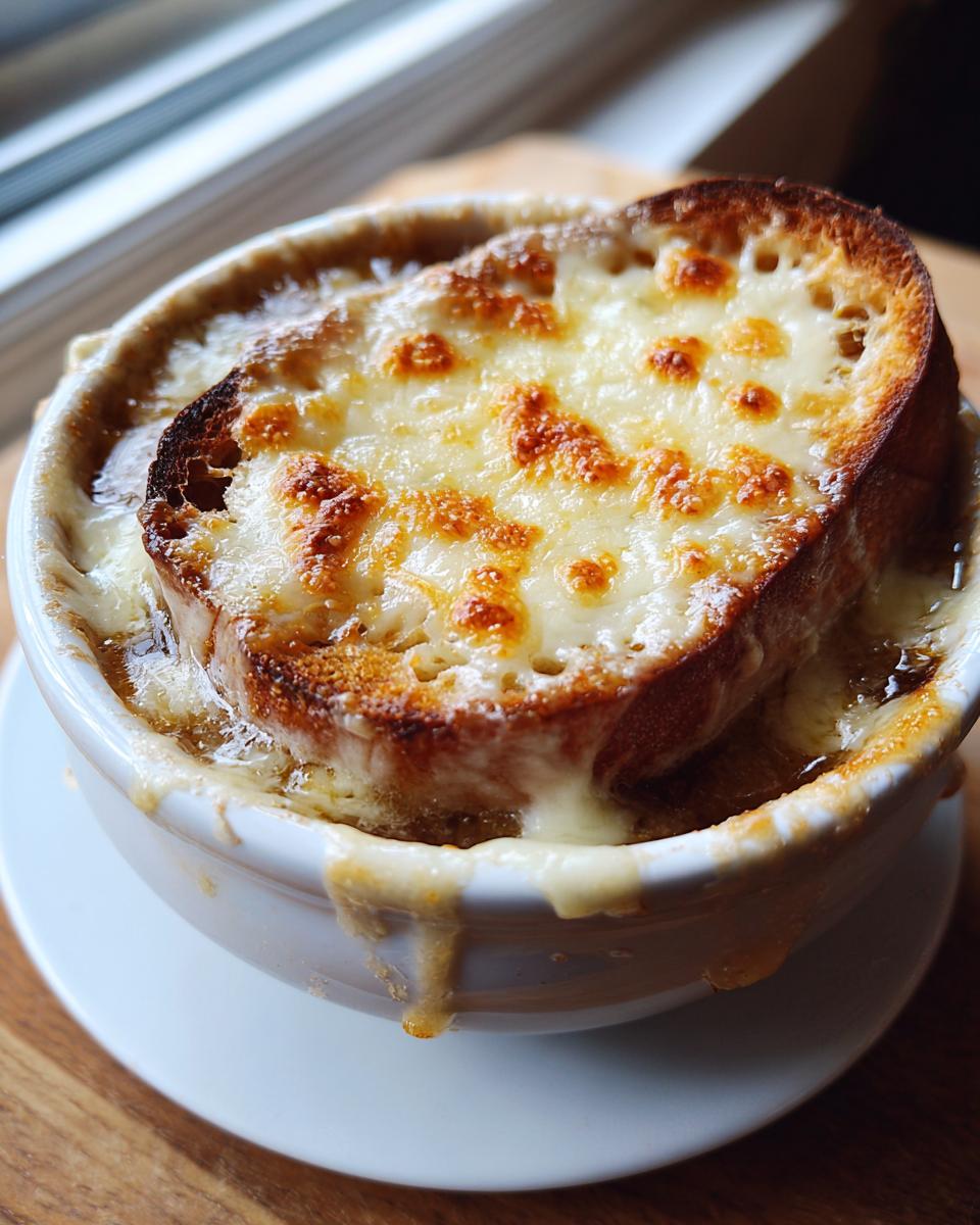A close-up of a bowl of French onion soup topped with a crusty bread crouton covered in melted, golden-brown cheese.