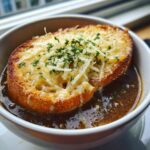 A close-up of a bowl of French onion soup topped with a golden-brown, cheesy crouton and fresh parsley.