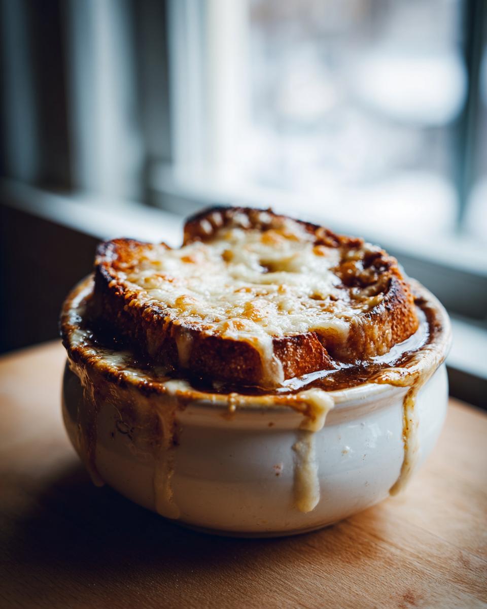 A close-up of a bowl of French onion soup topped with melted cheese and a piece of toasted bread.