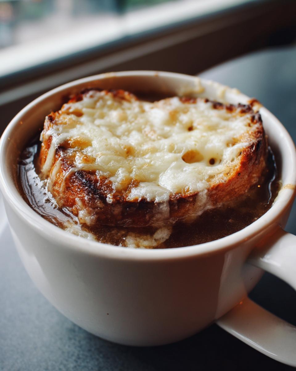A close-up of a bowl of French onion soup topped with a crusty bread crouton and melted, bubbly cheese.
