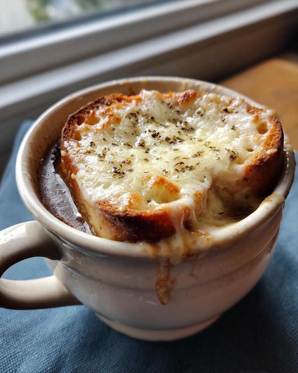 Close-up of a bowl of French onion soup topped with melted cheese and toasted bread.
