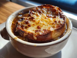 A close-up of a bowl of French onion soup topped with a thick layer of melted, browned cheese and a crouton.