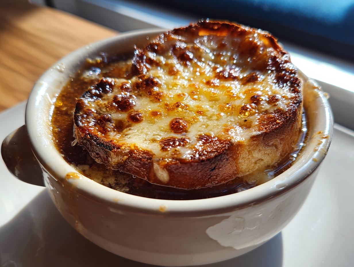 A close-up of a bowl of French onion soup topped with a thick layer of melted, browned cheese and a crouton.