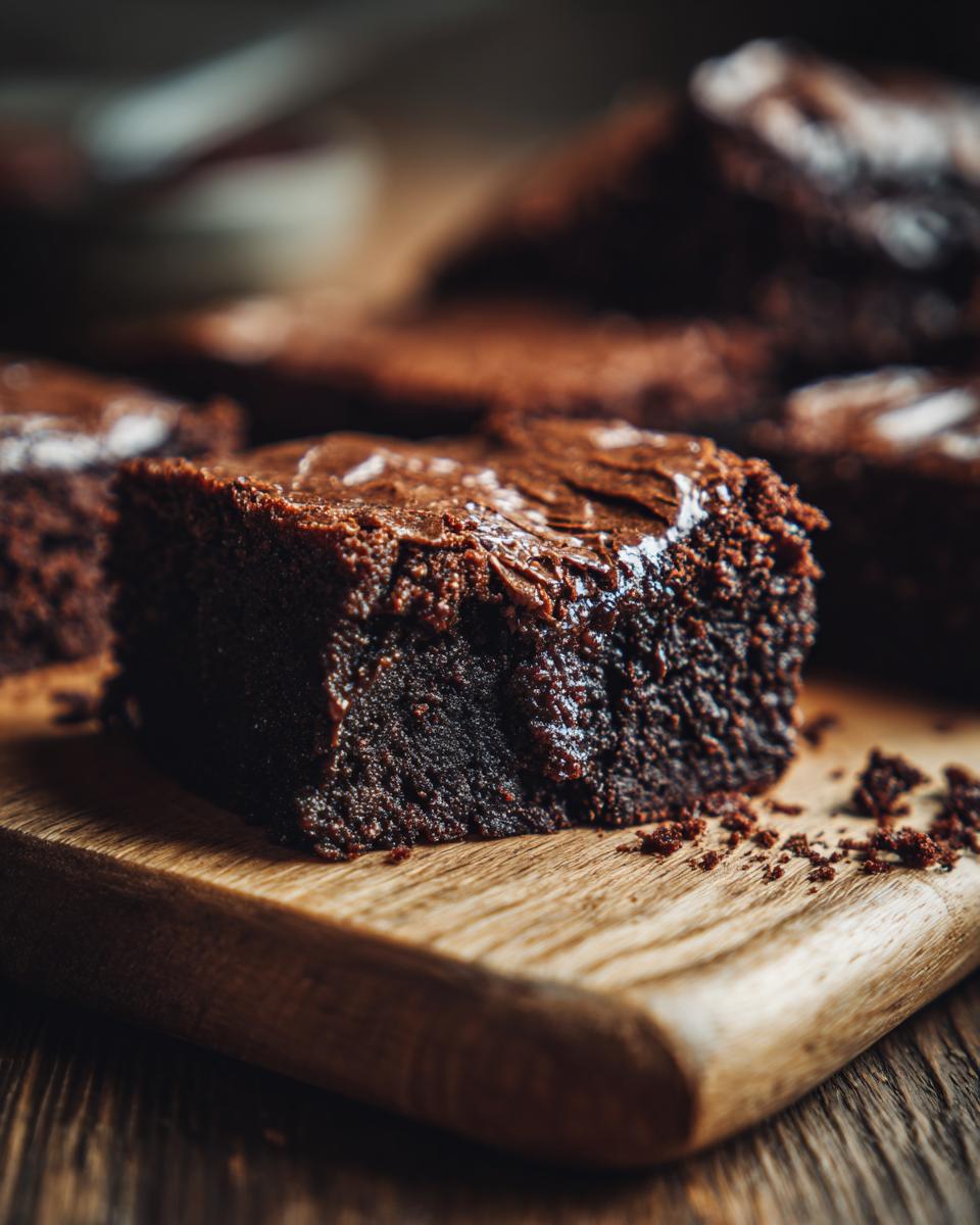 Close-up of a rich, fudgy chocolate brownie with a slightly glossy top, resting on a wooden board.