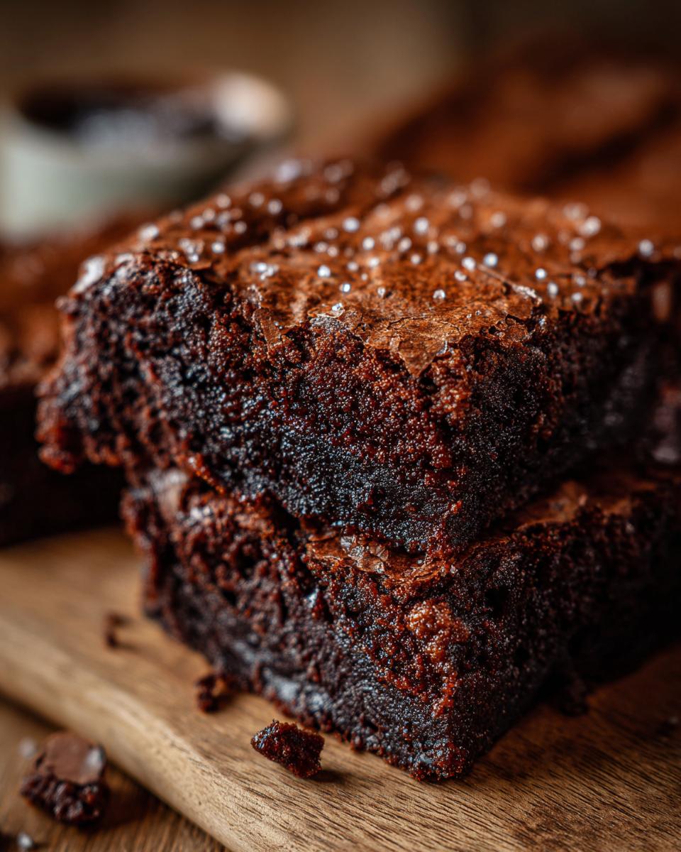Close-up of two stacked fudgy chocolate brownies, sprinkled with sea salt, on a wooden board.