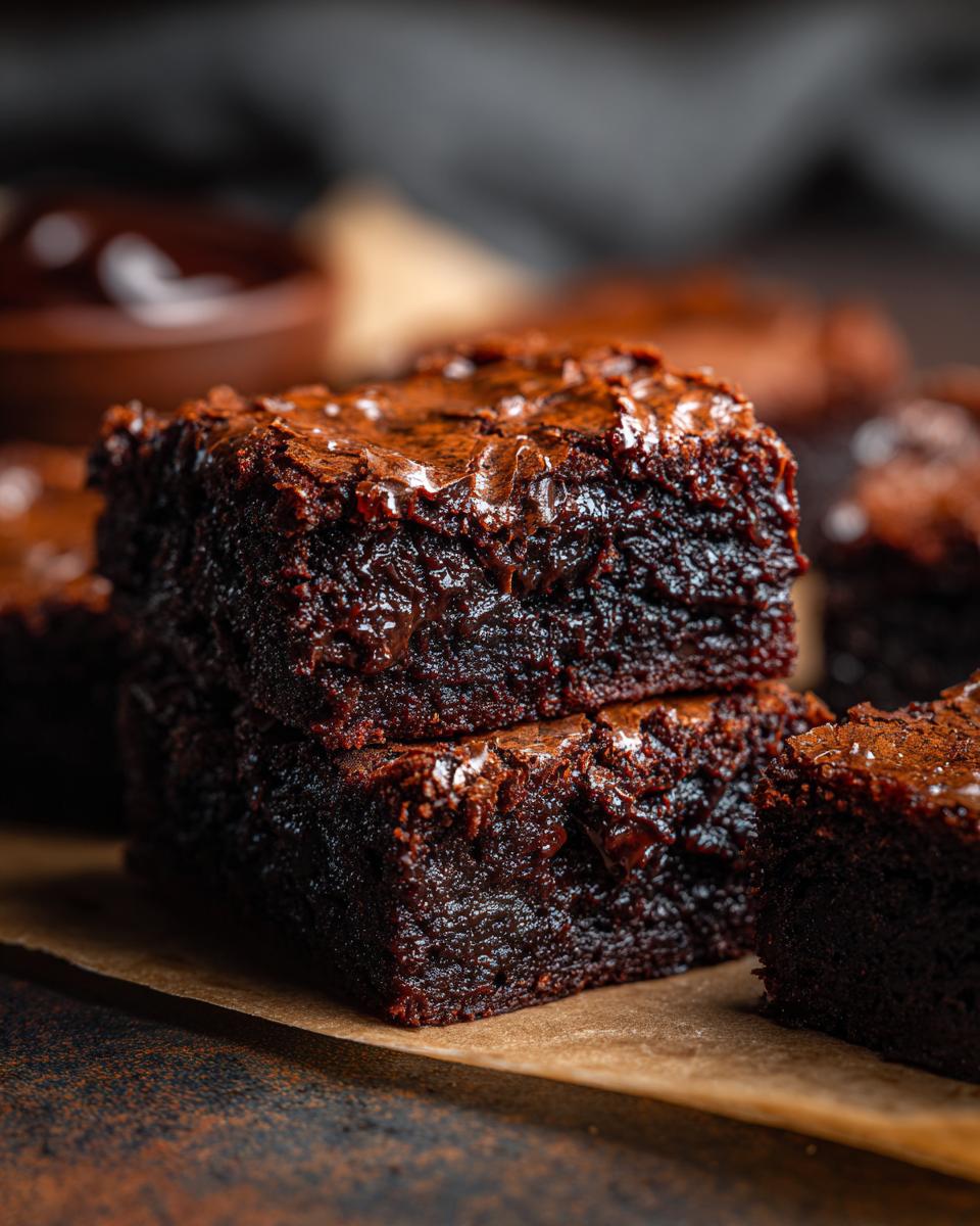 A close-up of a stack of rich, fudgy chocolate brownies with a glossy, melted chocolate topping.