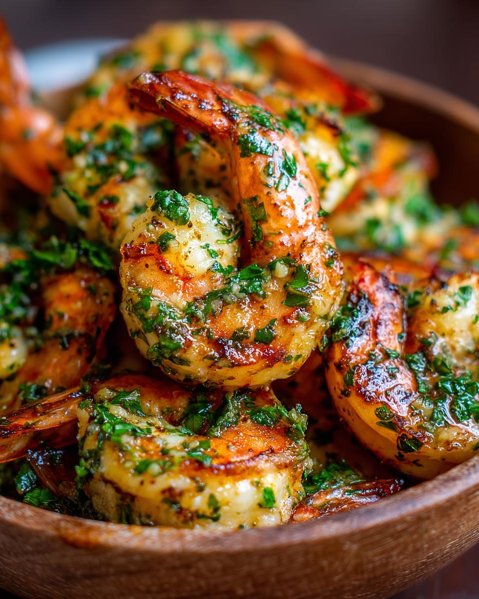 Close-up of succulent garlic butter shrimp scampi, glistening and topped with fresh parsley, served in a wooden bowl.