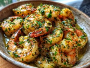 Close-up of succulent Garlic Butter Shrimp Scampi glistening in a rustic bowl, garnished with fresh parsley.
