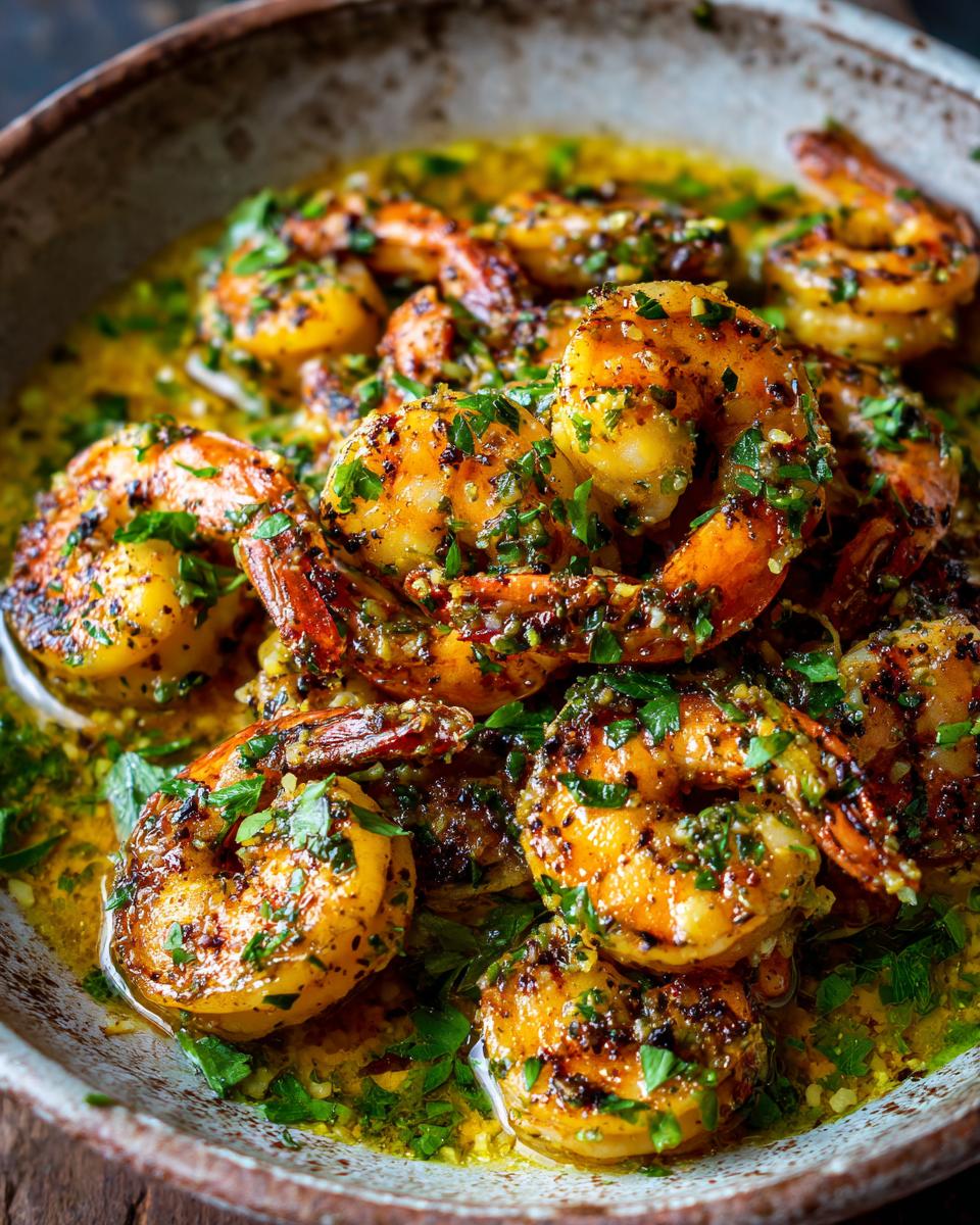 Close-up of succulent Garlic Butter Shrimp Scampi, glistening in sauce and sprinkled with fresh parsley.