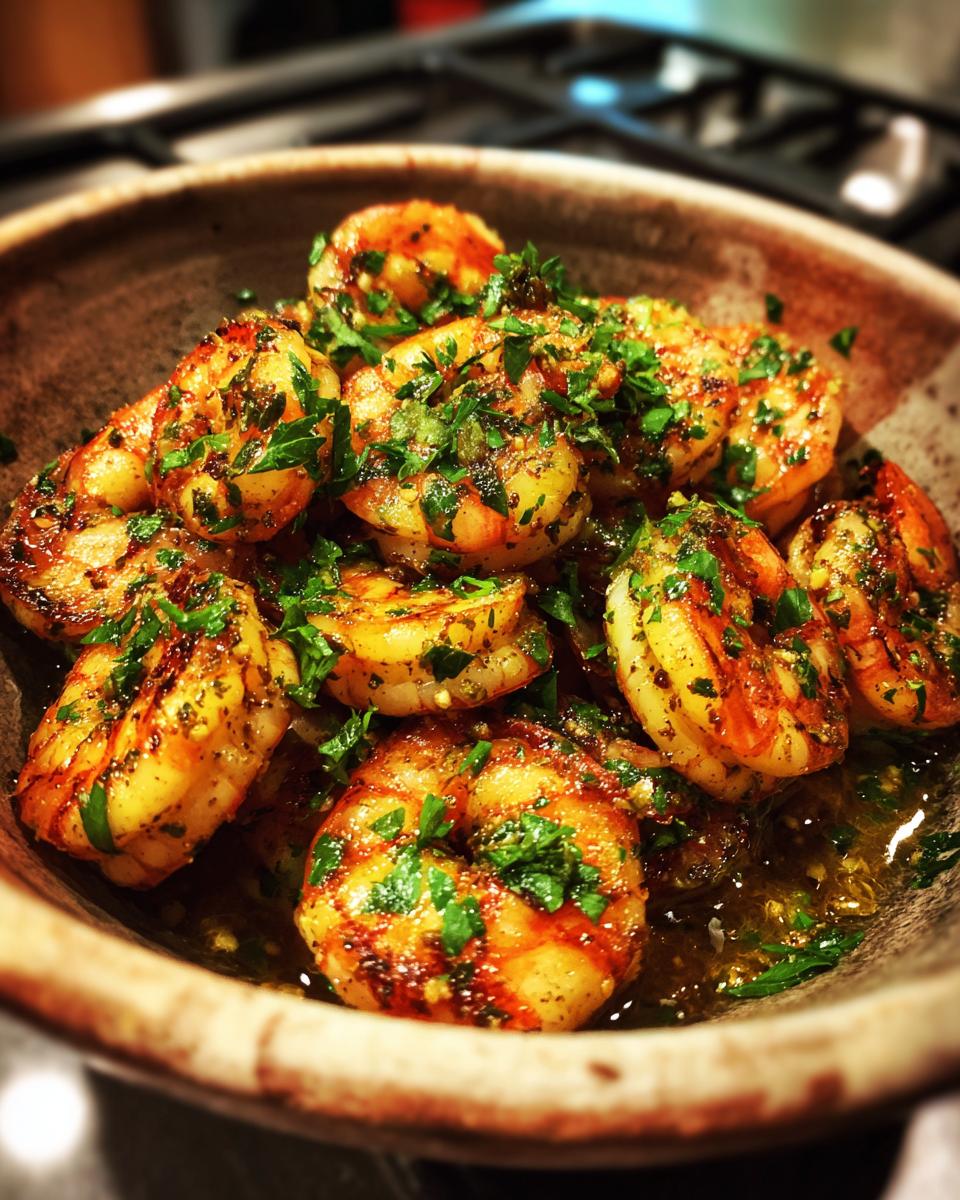 Close-up of glistening Garlic Butter Shrimp Scampi, generously seasoned and topped with fresh parsley.