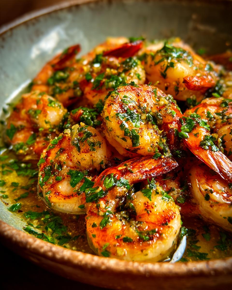 Close-up of juicy Garlic Butter Shrimp Scampi glistening in butter sauce and topped with fresh parsley.