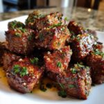 Close-up of tender garlic butter steak bites seasoned with herbs and garlic.