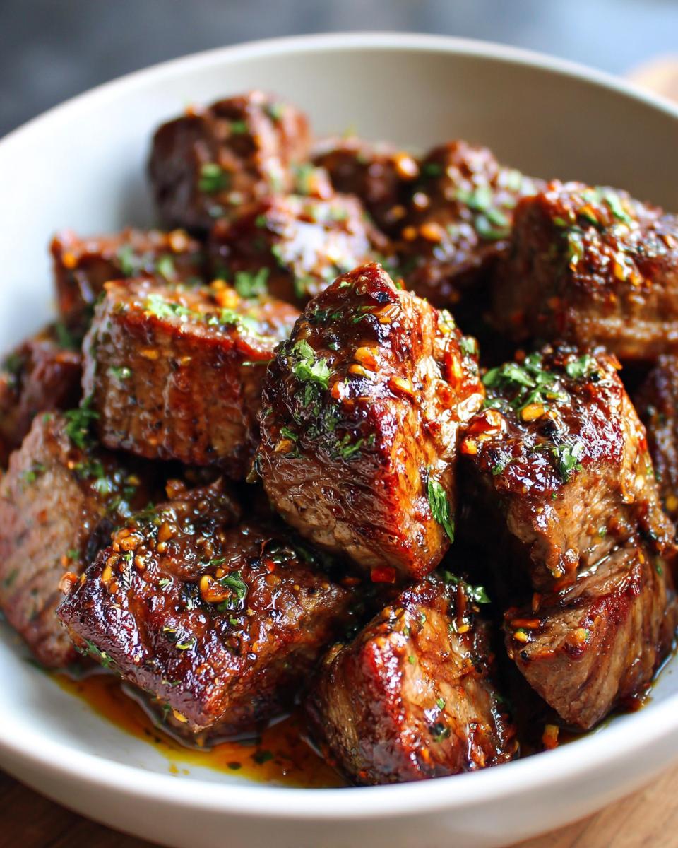 Close-up of tender garlic butter steak bites glistening in a white bowl, garnished with fresh herbs.