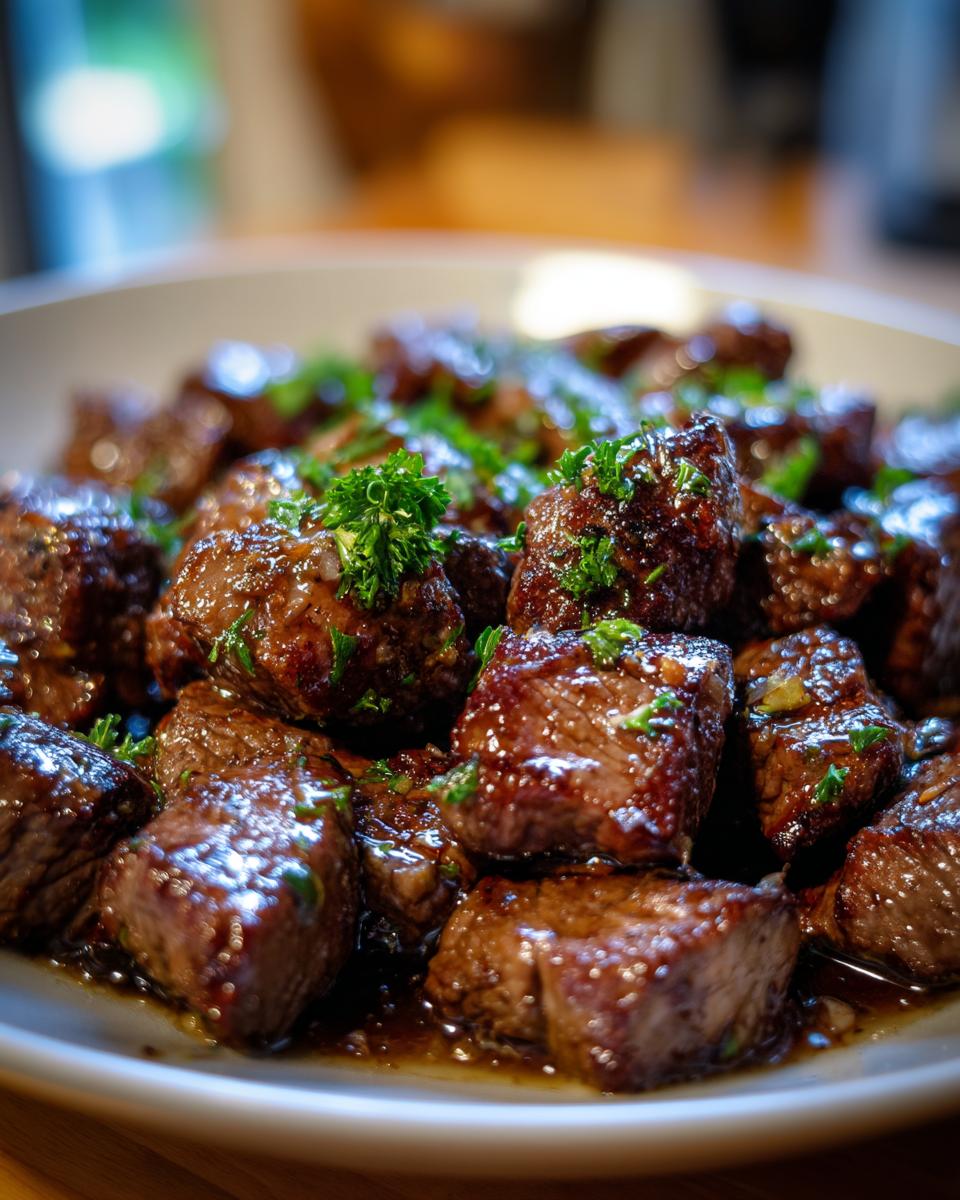 Close-up of tender garlic butter steak bites glistening in a savory sauce and garnished with fresh parsley.