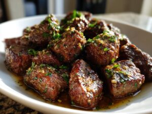 Close-up of juicy garlic butter steak bites seasoned with herbs and garlic, served on a white plate.