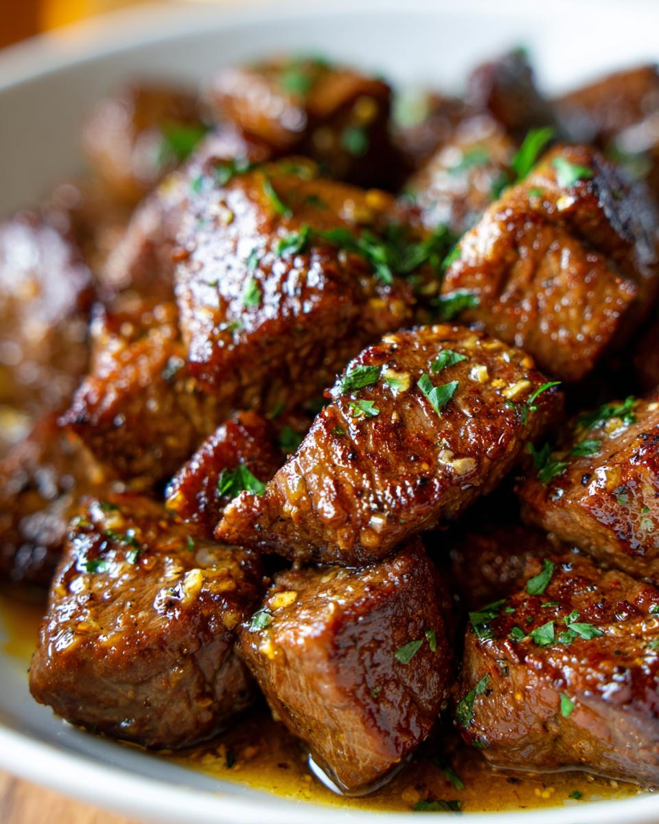 Close up of tender garlic butter steak bites seasoned with herbs and glistening in butter sauce.