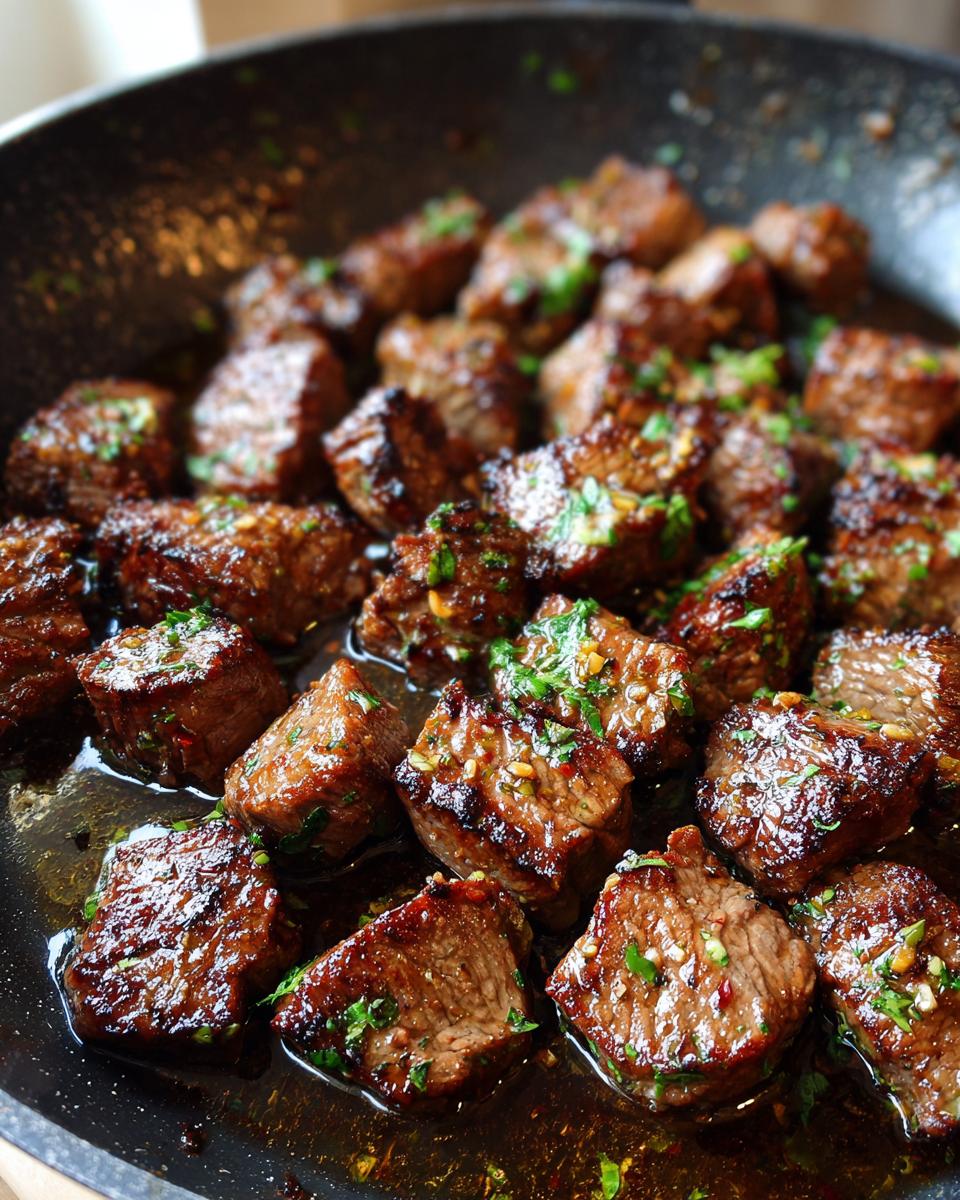 Close-up of tender garlic butter steak bites sizzling in a pan with a rich sauce and fresh parsley.