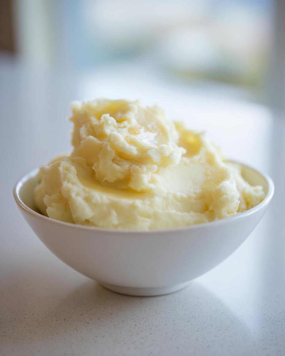 A close-up of a white bowl filled with fluffy garlic mashed potatoes, topped with melted butter.
