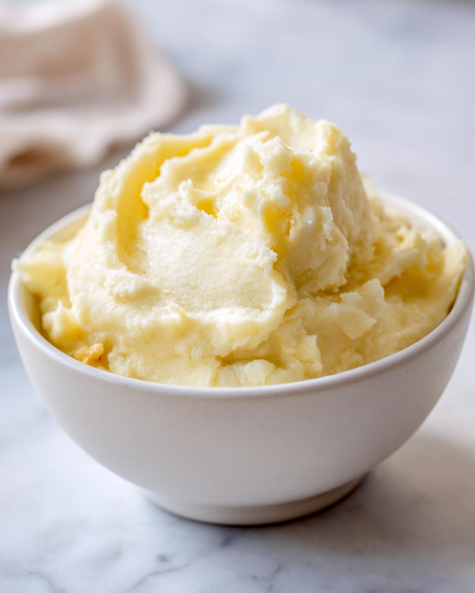 A close-up of fluffy garlic mashed potatoes served in a white bowl, ready to be enjoyed.
