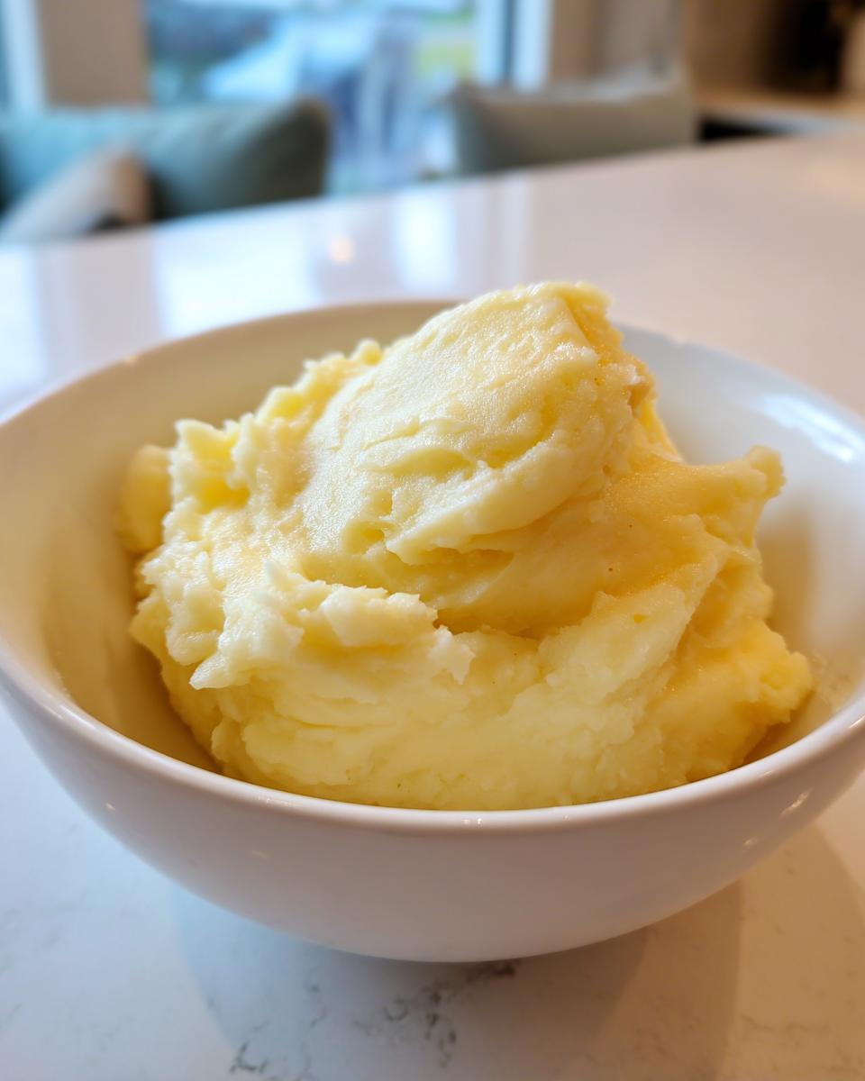 A white bowl filled with fluffy, creamy garlic mashed potatoes, ready to be served.