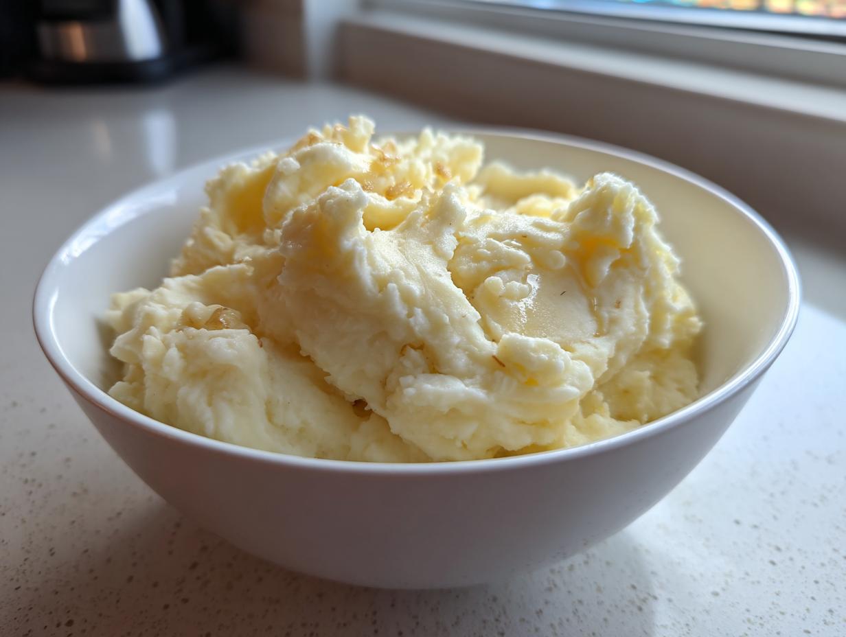 A close-up of fluffy garlic mashed potatoes served in a white bowl, topped with melted butter.