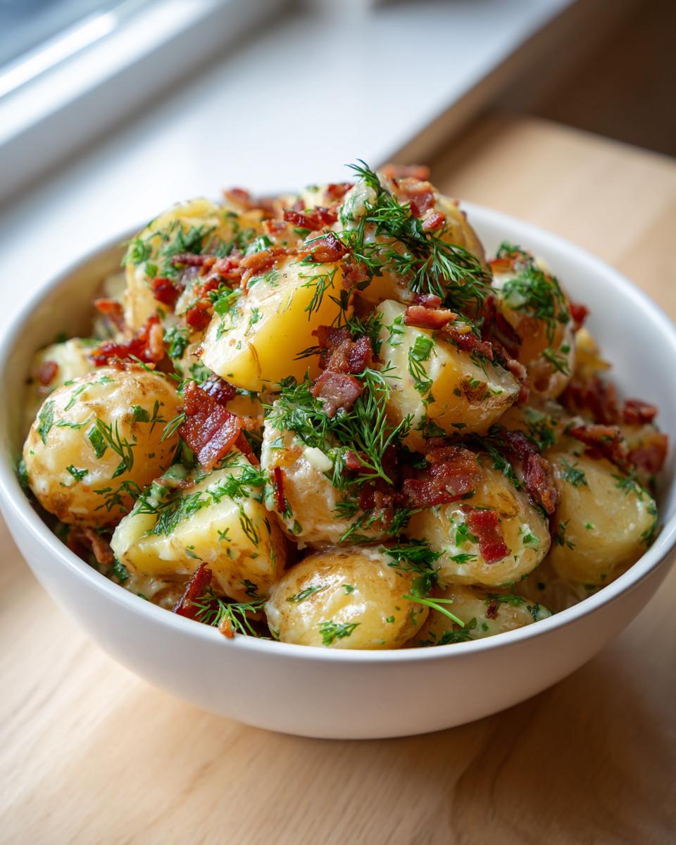 A close-up of a white bowl filled with German potato salad, topped with crispy bacon bits and fresh dill.