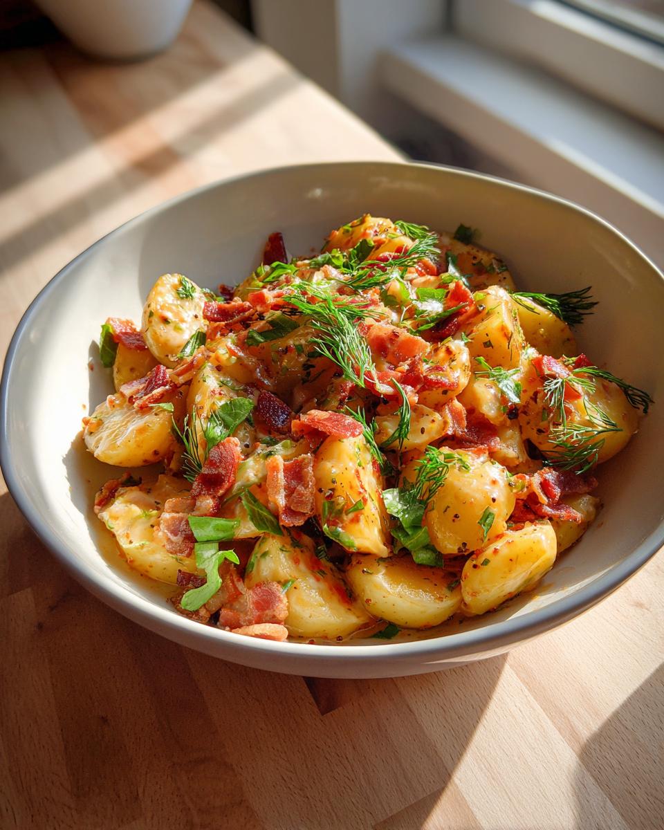 A close-up of a bowl of German potato salad, featuring tender potatoes, crispy bacon, fresh dill, and herbs.