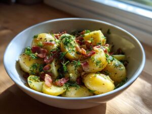 A close-up of a bowl of German potato salad, featuring tender potatoes, crispy bacon bits, and fresh dill.