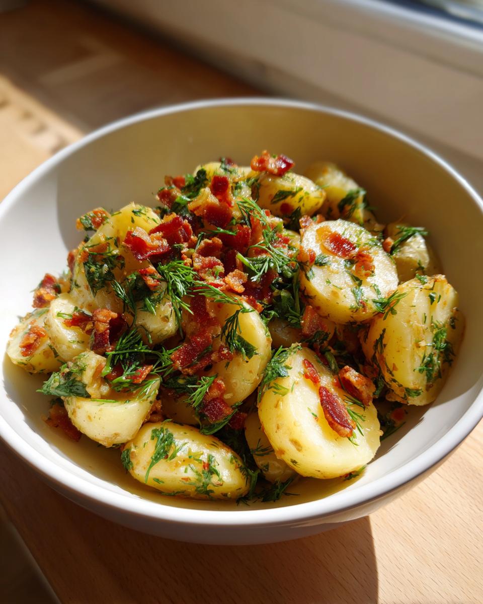 Close-up of a bowl of German potato salad, featuring tender potatoes, crispy bacon bits, and fresh dill.