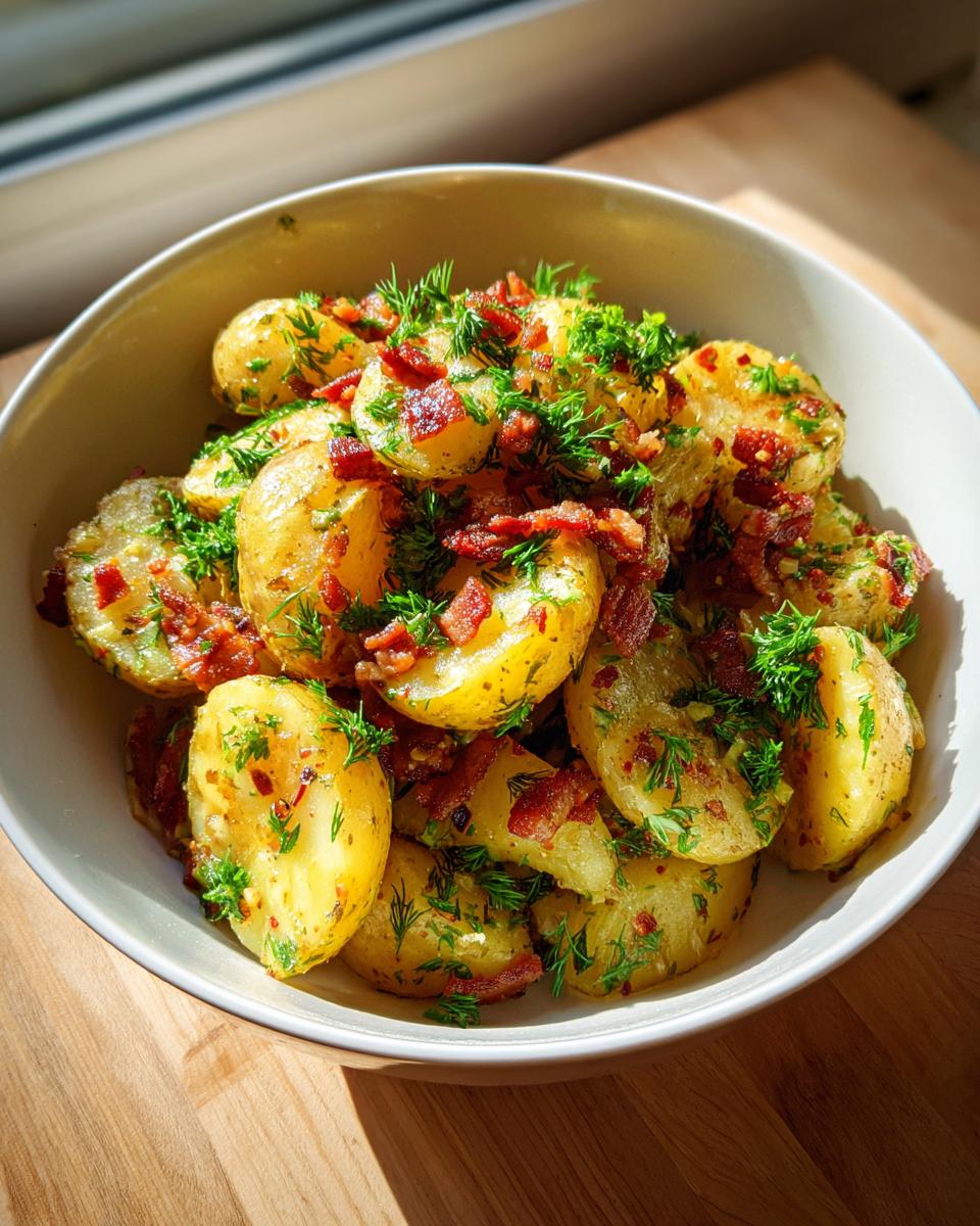 A close-up of a bowl of German potato salad, featuring tender potatoes, crispy bacon bits, and fresh dill.