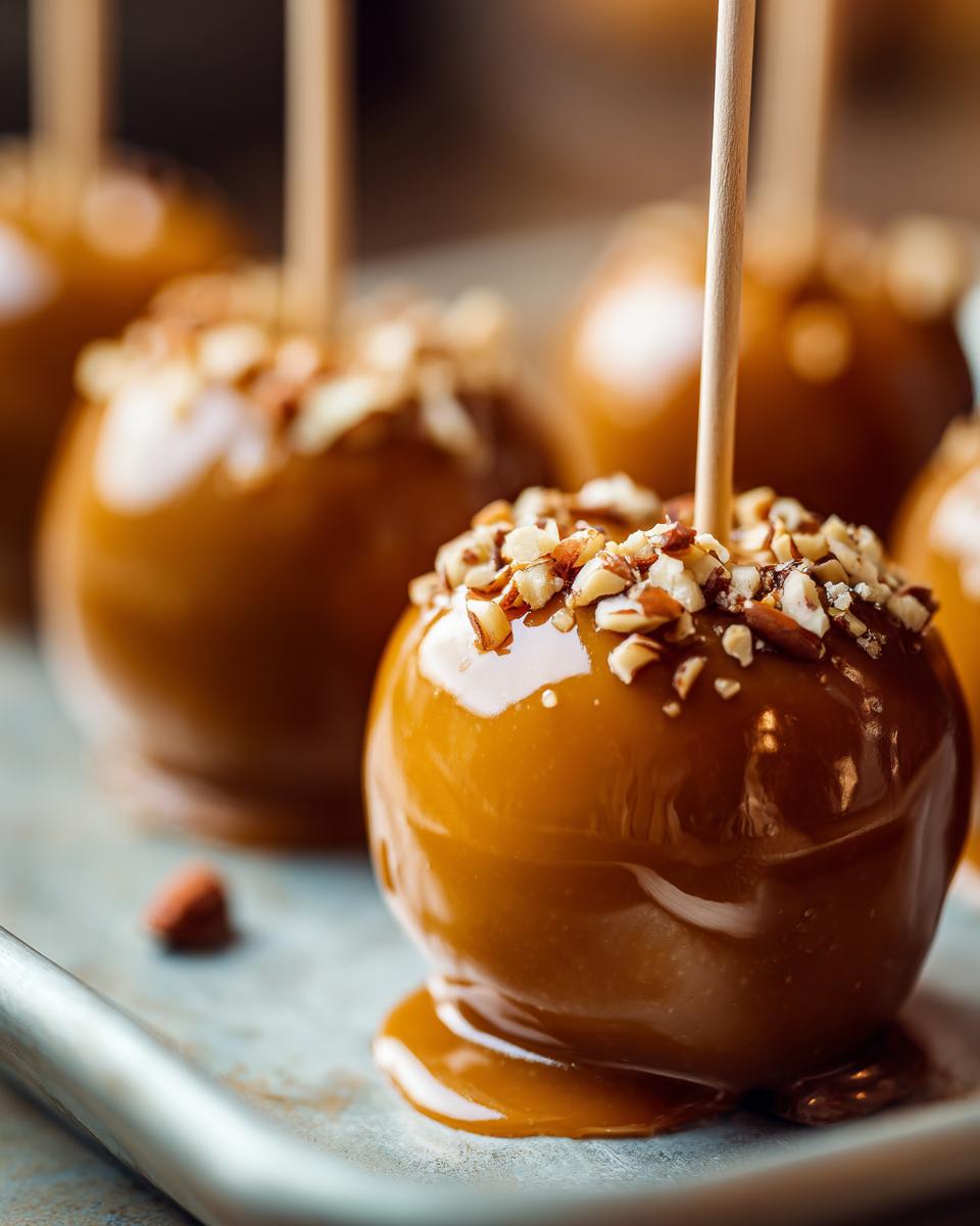 Close-up of a glossy caramel apple covered in chopped nuts on a stick.