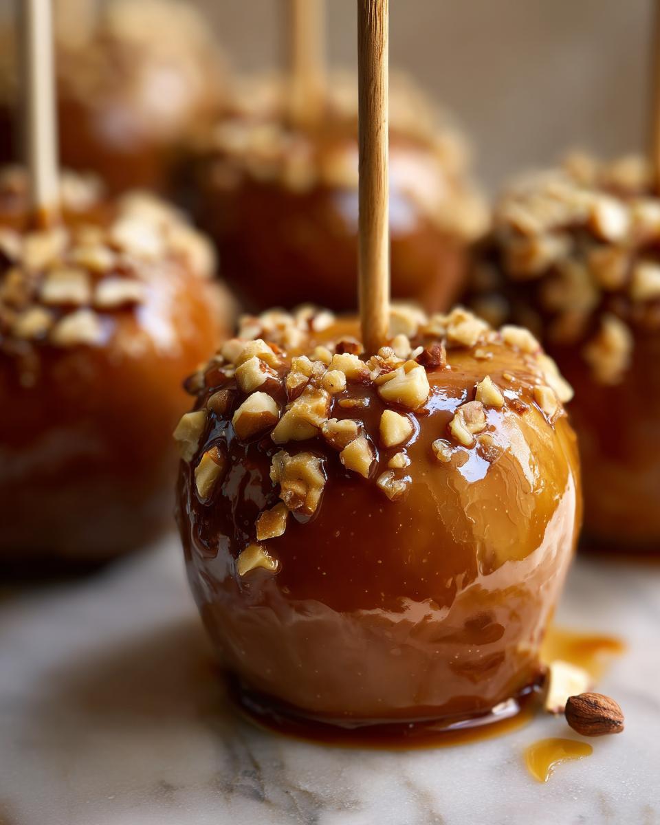 Close-up of a glossy caramel apple covered in chopped nuts on a stick, with other caramel apples blurred in the background.