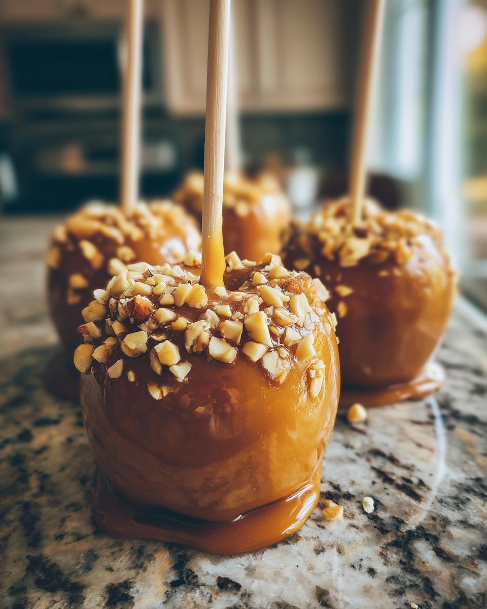 A close-up of a glossy caramel apple covered in chopped nuts, with more caramel apples in the background.