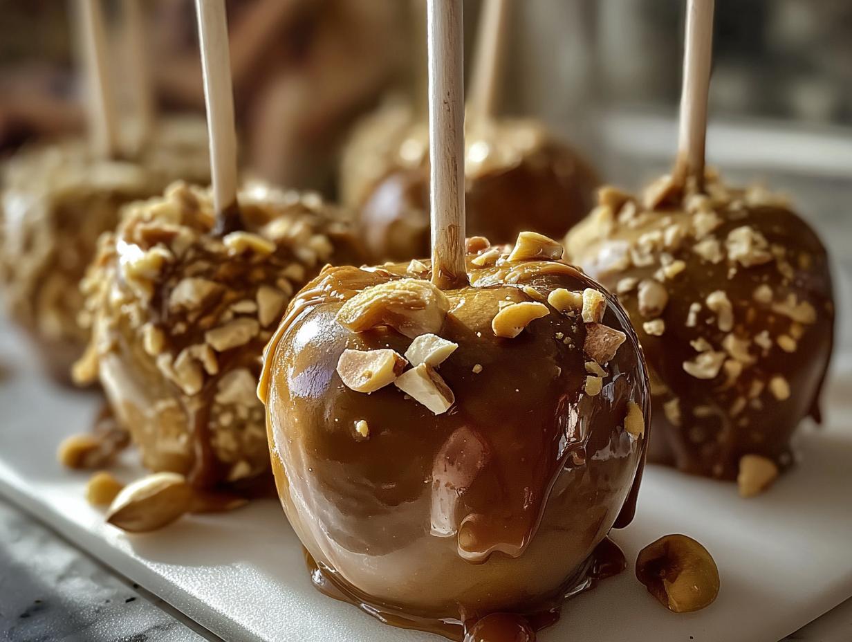 A close-up of a glossy caramel apple covered in chopped nuts, with more caramel apples in the background.