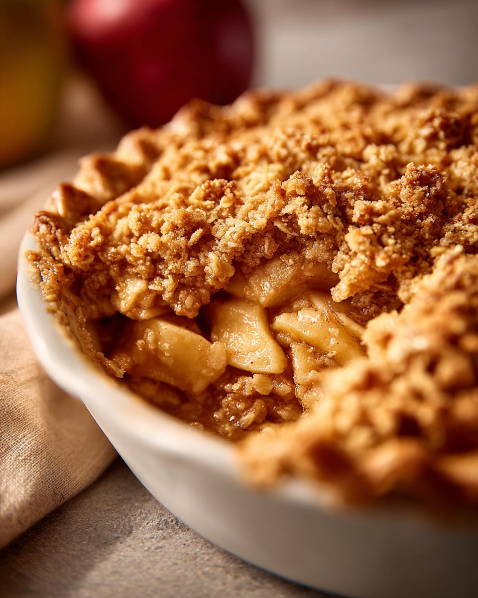 Close-up of Grandma's Apple Crisp in a white baking dish, showing tender baked apples and a golden crumb topping.